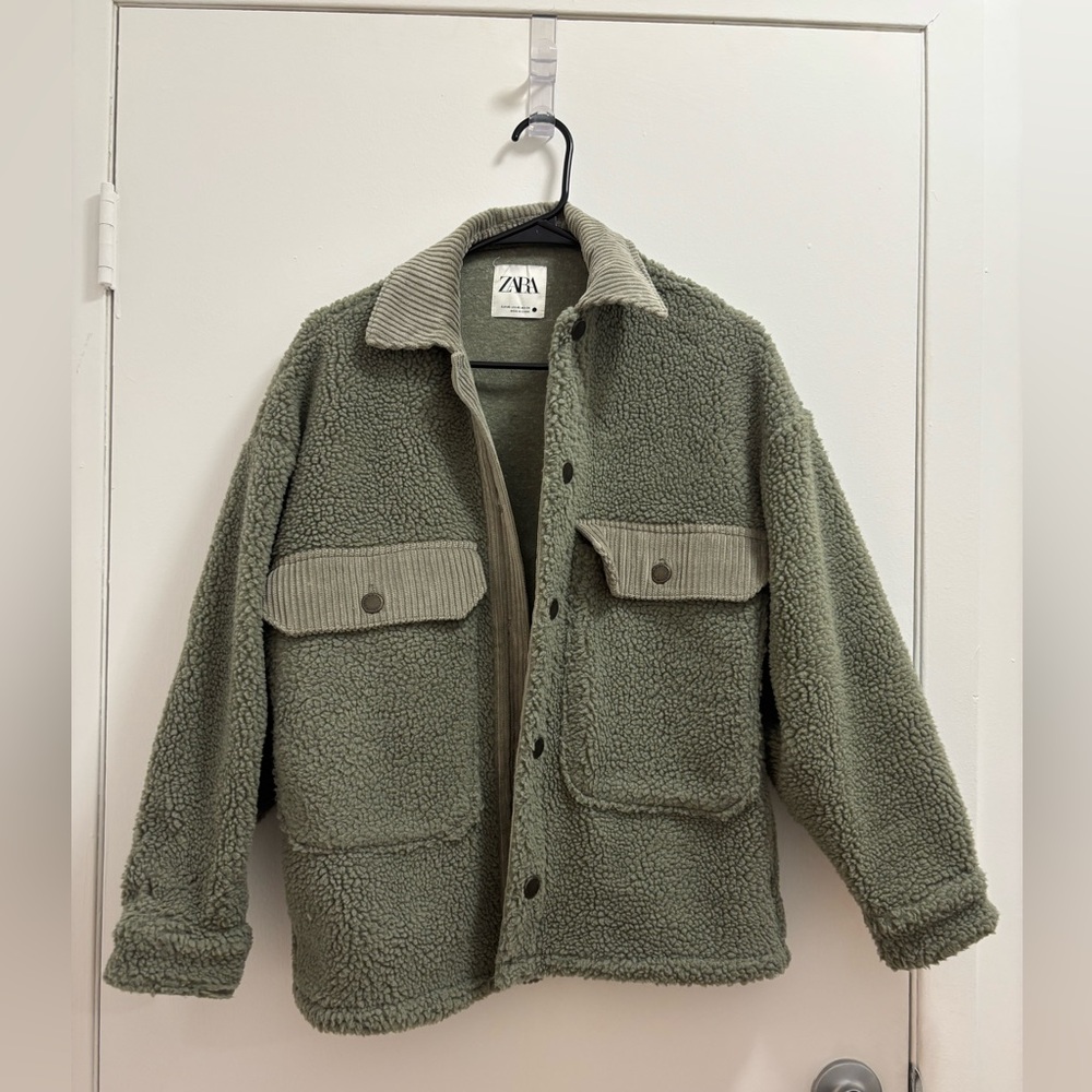 ZARA Sherpa Teddy Jacket Women’s XS Green Oversized Shacket